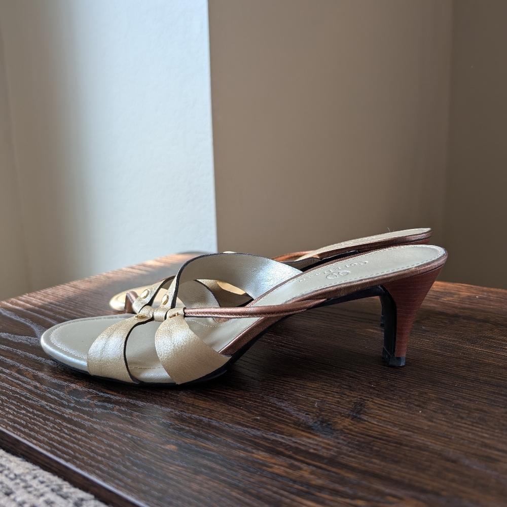 Cole Haan Gold Bronze Leather Strappy Slip On Sandal Heels